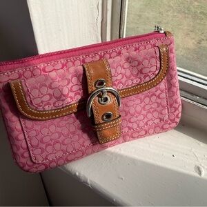 Coach Pink Signature Canvas Wristlet with Brown Leather Trim